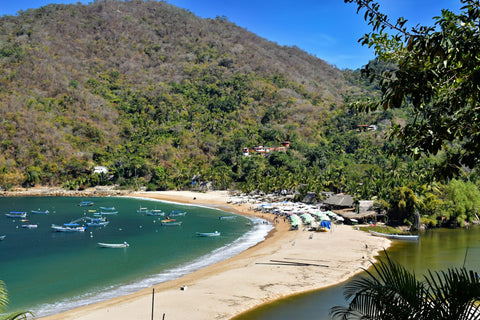 Bahía de Yelapa vista desde lo alto, con lanchas en el agua turquesa, una playa de arena con palapas y cerros de selva seca detrás